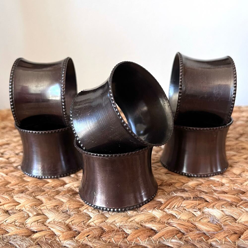 Metal Bronze Finish Napkin Rings Set of 6 Beaded Edge Detail Classic Traditional